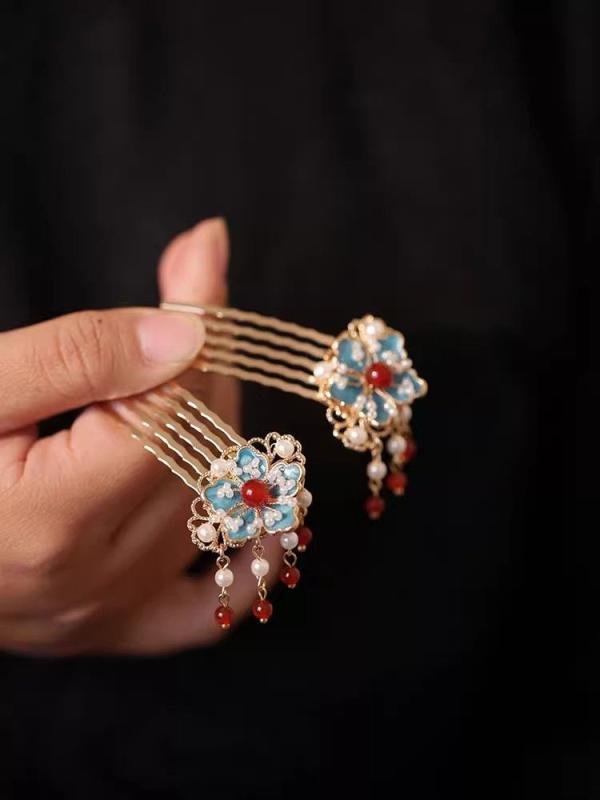 髪飾り 女性用 古風 チャイナ風 手作り 焼藍加工 髪梳 簪 小花飾り 低馬尾用 日常ヘアアクセサリー 現代スタイル