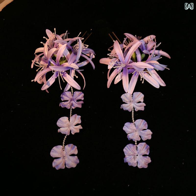 くらしのセロネの髪飾り レディース 漢服風 古風 紫色 春夏 歩揺簪 流蘇 頭花 発簪 美丸子ヘア かわいい 仙女風 ヘアアクセサリー コスプレ アクセサリー ファッション ヘアピン 女性｜アングル2