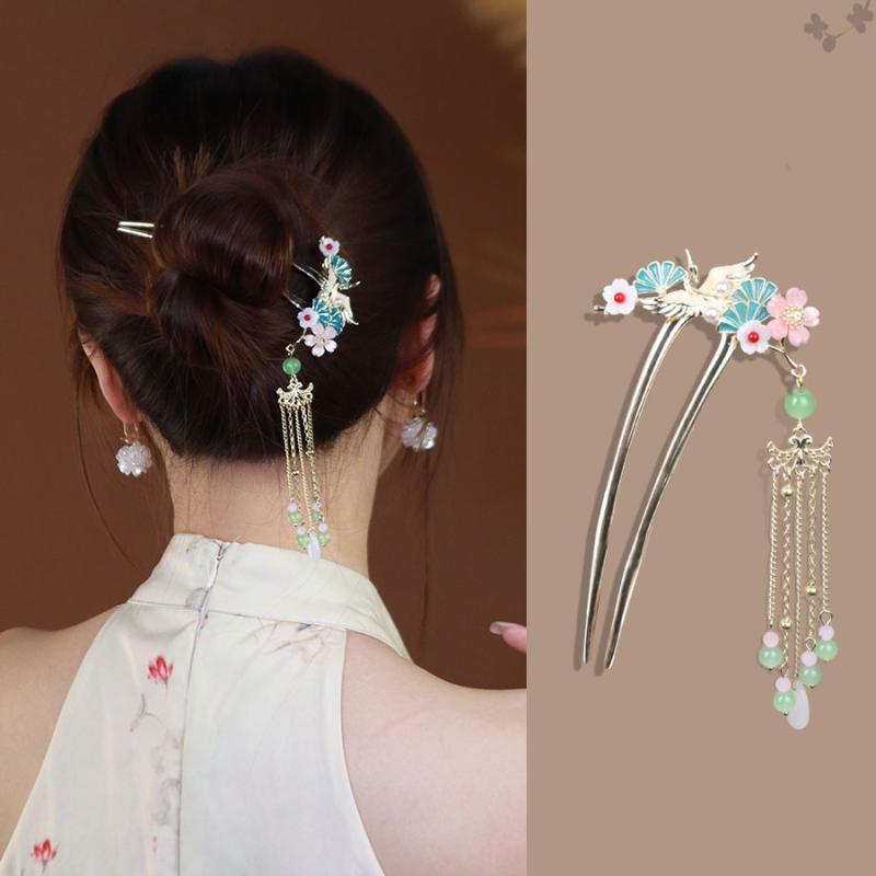 かんざし レディース 新中式 高級感 古風 U字型 流蘇 真珠 仙鶴 チャイナドレス 漢服 步摇簪子 盤発頭飾 ヘアアクセサリー アップヘアスタイル 伝統中国風 民族衣装 コーデ