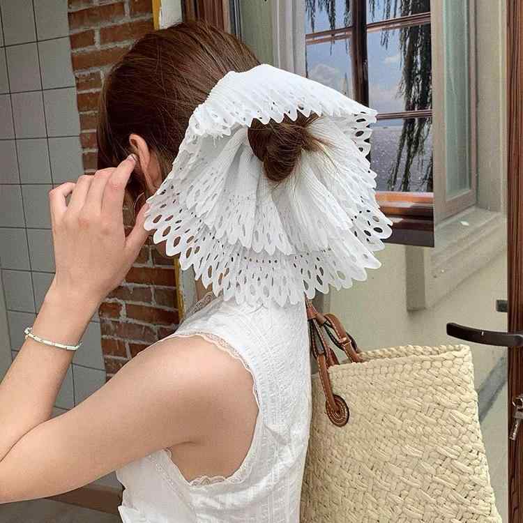 ヘアゴム レディース 超大 二重 白 レース プリーツ 太め 低馬尾 高級感 春 雰囲気 発圈 頭绳 发饰