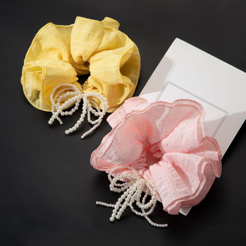 ヘアゴム 女子用 シュシュ 韓国風 プリーツ加工 多層チュール ネット生地 パール 蝶結び ガーリー ルーズスタイル 低ポニーテール ヘアフラワー アクセサリー