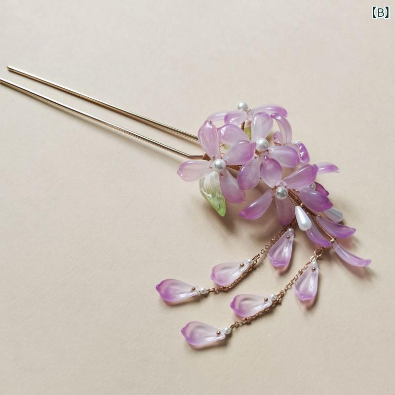 簪 レディース 古風 ヘアアクセサリー チャイナドレス 配飾 紫藤花 手作り 飾品 モダンスタイル