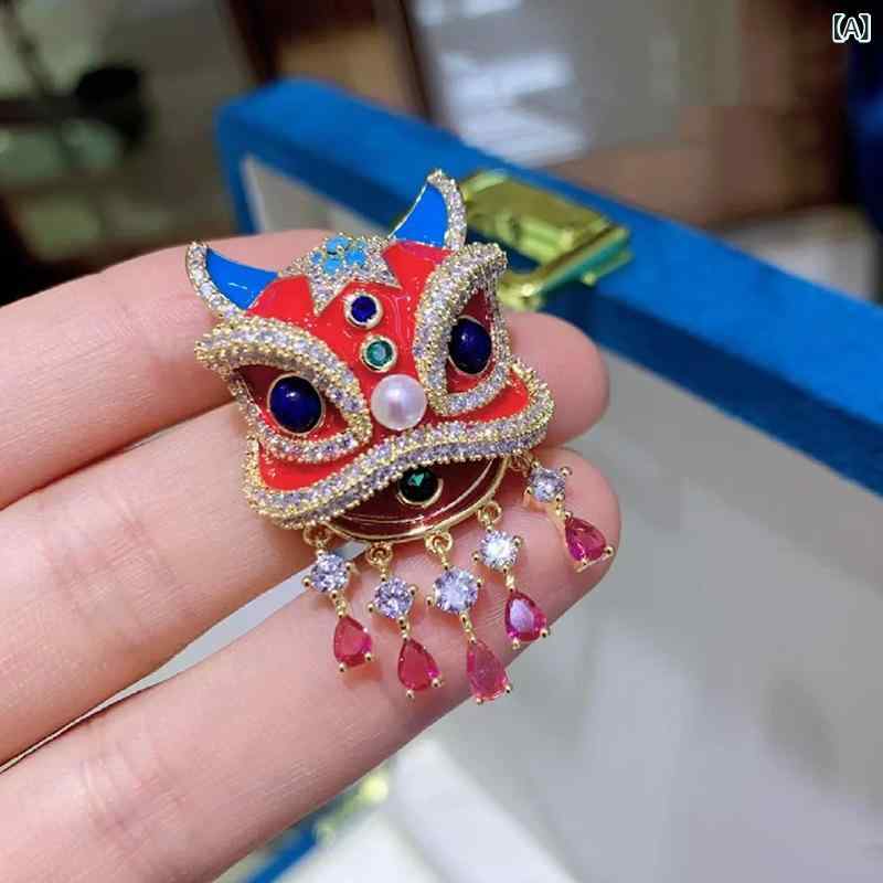 ブローチ 中国風醒獅 国潮 高級感 喜慶 精致 走光防止別針 パール胸花 空托 DIYアクセサリー