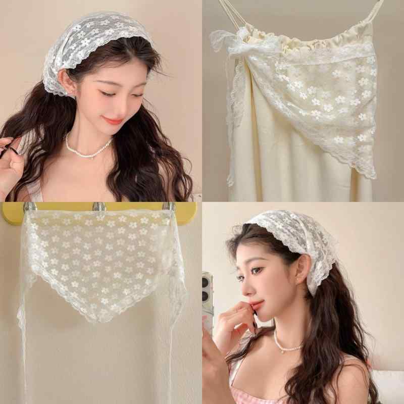 ヘッドスカーフ レディース 春夏 UVカット レース フラワープリント 三角巾 インフルエンサー 尻尾付き 頭包み ヘアアクセサリー