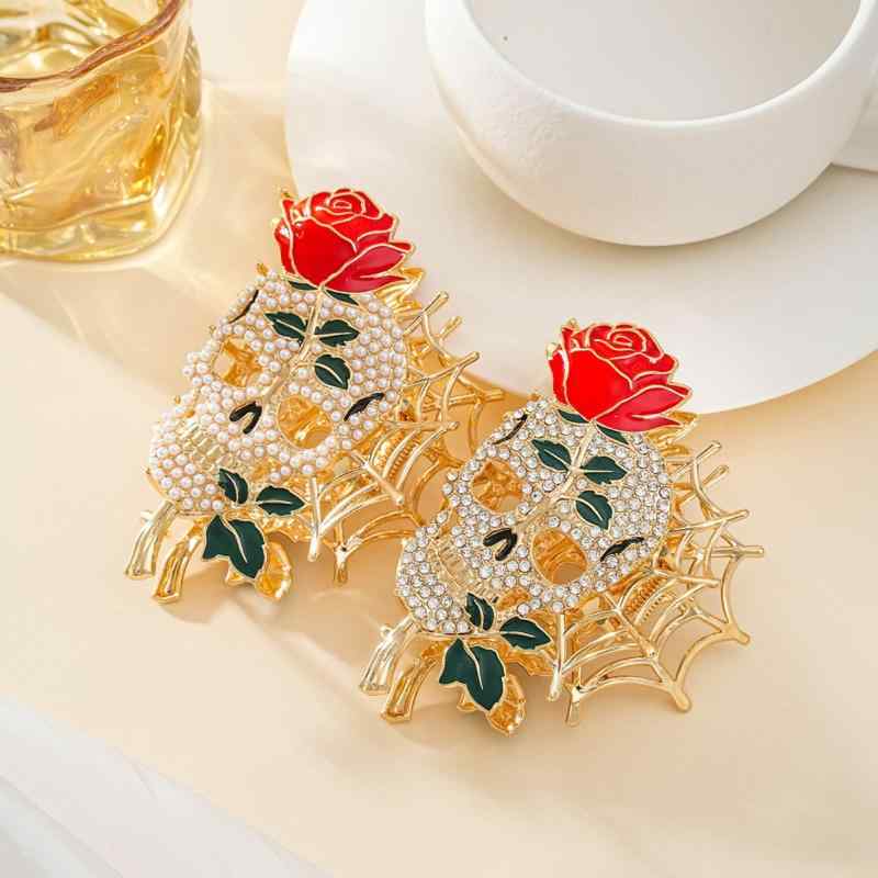 ヘアークロー レディース ハロウィン 骷髏頭形状 装飾 メタル ジルコニア エナメル点在 秋冬 万聖節 仮装 パーティー ゴシック ファッション アクセサリー 女性 髪飾り デザイン