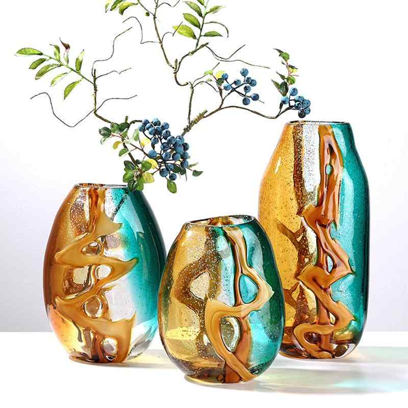 花瓶 高級感 緑 橙 水紋柄 軽奢 加厚 挿花器 ソフト装飾 置き物 モデルルーム 現代 インテリア 装飾品 ..