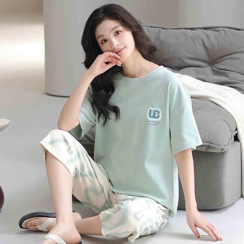 レディース 夏用 ルームウェア 綿100% 短袖 七分丈パンツ 2点セット シンプル カジュアル 外出可能 家居服 セット