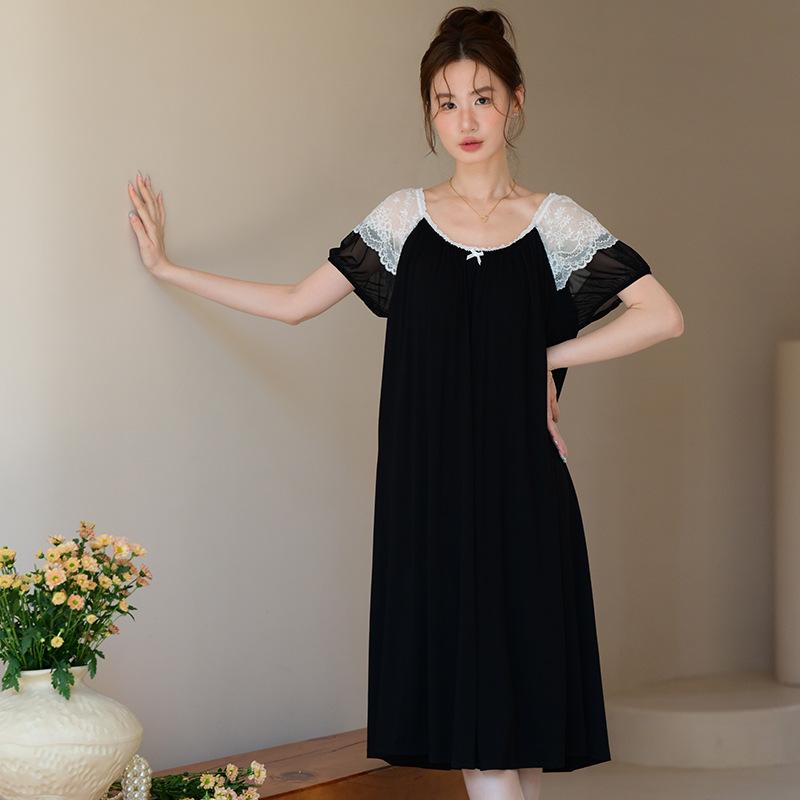 寝間着ワンピース レディース 春夏 短袖 薄手 ゆったり かわいい ガーリー スイート フレンチスタイル 胸パッド入り ルームウェア 外出用 ホームファッション 軽量 快適 フェミニン デザイン