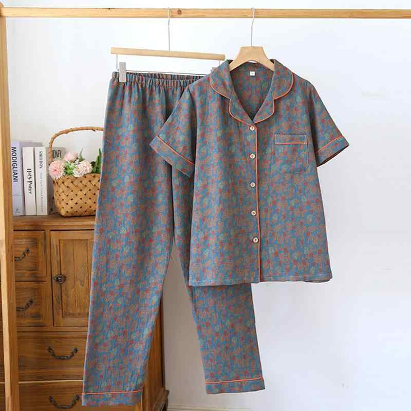 パジャマ レディース 春夏秋 薄手 綿素材 二重ガーゼ 短袖長ズボンセット 提花柄 ルームウェア 家居服 寝間着 インナーウェア ゆったりシルエット 快適素材 吸湿性 通気性 柔らかい肌触り 日常使い ギフト向き