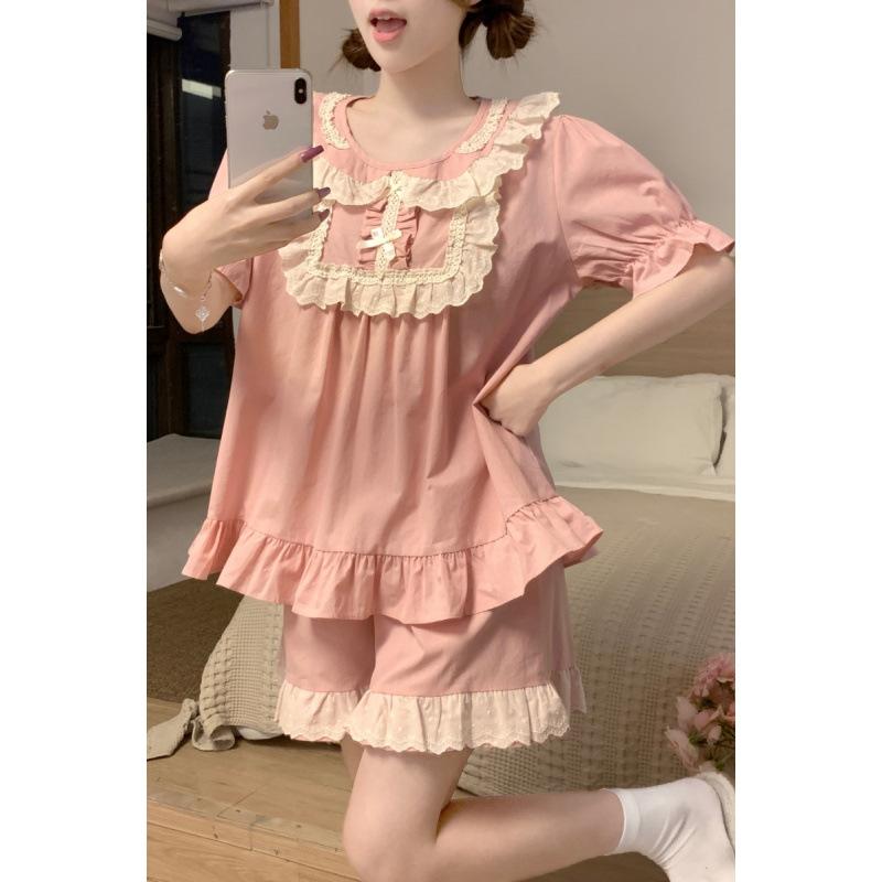 ・素材: コットン・デザイン: レース・厚み: 通常・生地重量: 181-200g/平方メートル・襟型: クルーネック・袖丈: 三分袖・パンツ丈: ショーツ・カラー: ピンク,ネイビー・サイズ: フリーサイズ