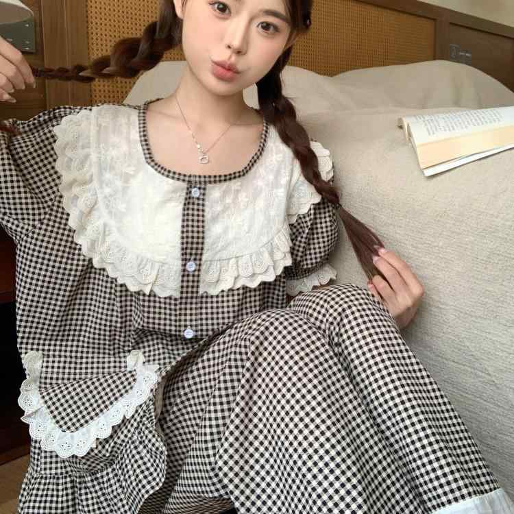 春夏 レディース パジャマ プリンセス風 花辺 爽やか ゆったり 通気 格子柄 半袖 ルームウェア 部屋着 かわいい デザイン 女性用