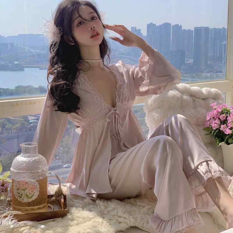 パジャマセット レディース 春夏 接触冷感 セクシー 3点セット キャミソール ロングパンツ フレンチスタイル ルームウェア 家居服 吊带睡衣 法式デザイン 軽やか素材 吸湿速乾 かわいい 部屋着 通勤後 リラックスウェア 女性用 男女兼用 日常着