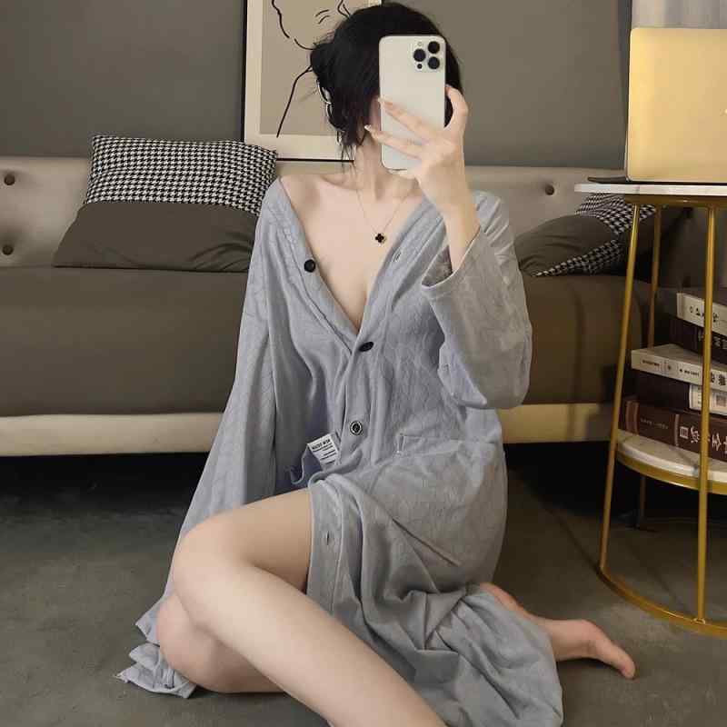パジャマ レディース 綿 春秋 薄手 長袖 中長丈 開襟 ゆったり セクシー 部屋着 ホームウェア