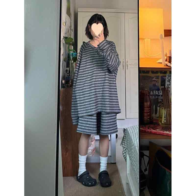 パジャマセット レディース 大きいサイズ ストライプ柄 春秋 カジュアル 長袖 ショートパンツ ホームウェア 外出対応 吸湿速乾 再生繊維