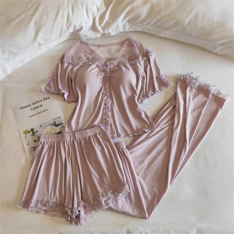 ルームウェア レディース 春夏 セクシー かわいい 胸パッド付き パジャマ ネグリジェ 3点セット 純欲風 ホームウェア