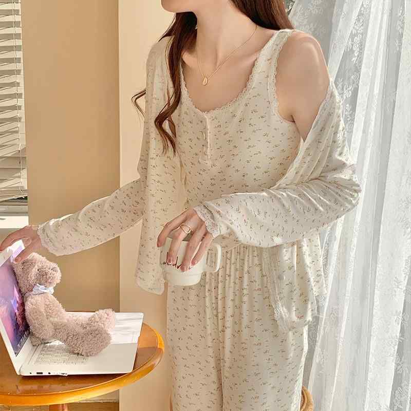 ルームウェア レディース 3点セット 春秋 キャミソール カーディガン ロングパンツ かわいい 綿素材 花柄 レース 外出可能 ホーム服