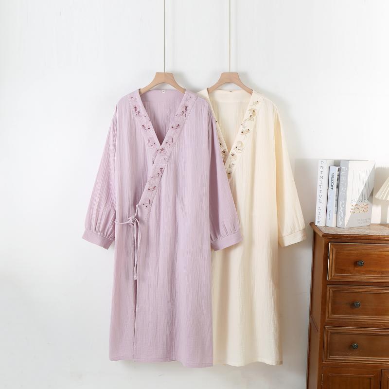 ネグリジェ レディース 春夏 純綿 刺繍 高級感 薄手 二重ガーゼ 通気性 中長丈 紐付き 七分袖 ルームウェア 寝間着 エレガント フェミニン リラックスウェア