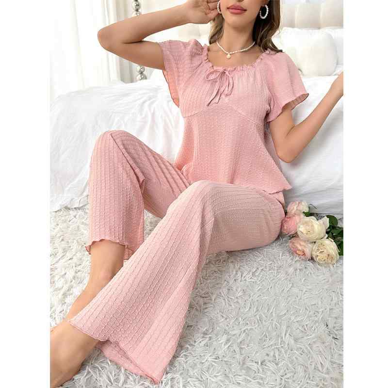 レディース パジャマ 春夏 かわいい 短袖 長ズボン セット 丸首 フリル 紐付き 欧米風 ルームウェア