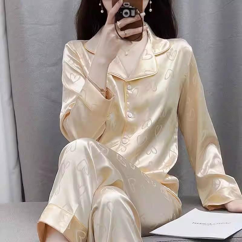 パジャマ レディース 春夏 接触冷感 薄手 高級感 長袖 長ズボン セット ハート かわいい ルームウェア