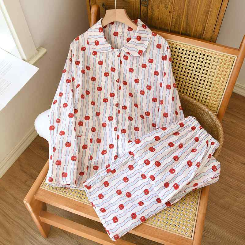 パジャマセット レディース 春秋 純綿 長袖 長ズボン 通気性 ガーゼ 元宝領 ゆったり 多色 ルームウェア