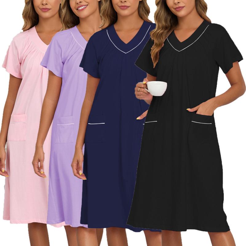 パジャマワンピース レディース 春夏 薄手短袖 ゆったりオーバーサイズ ソフトコットン100% 膝下ロング 部屋着 ホームウェア 長丈ドレス カジュアル リラックス