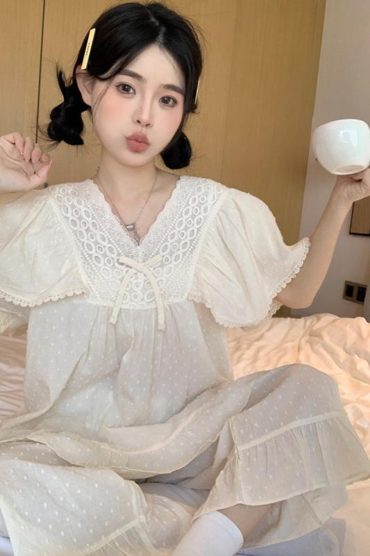 レディース 春夏 韓国風 プリンセス かわいい 刺繍 全綿 提花 レース ゆったり ルームウェア パジャマ セット