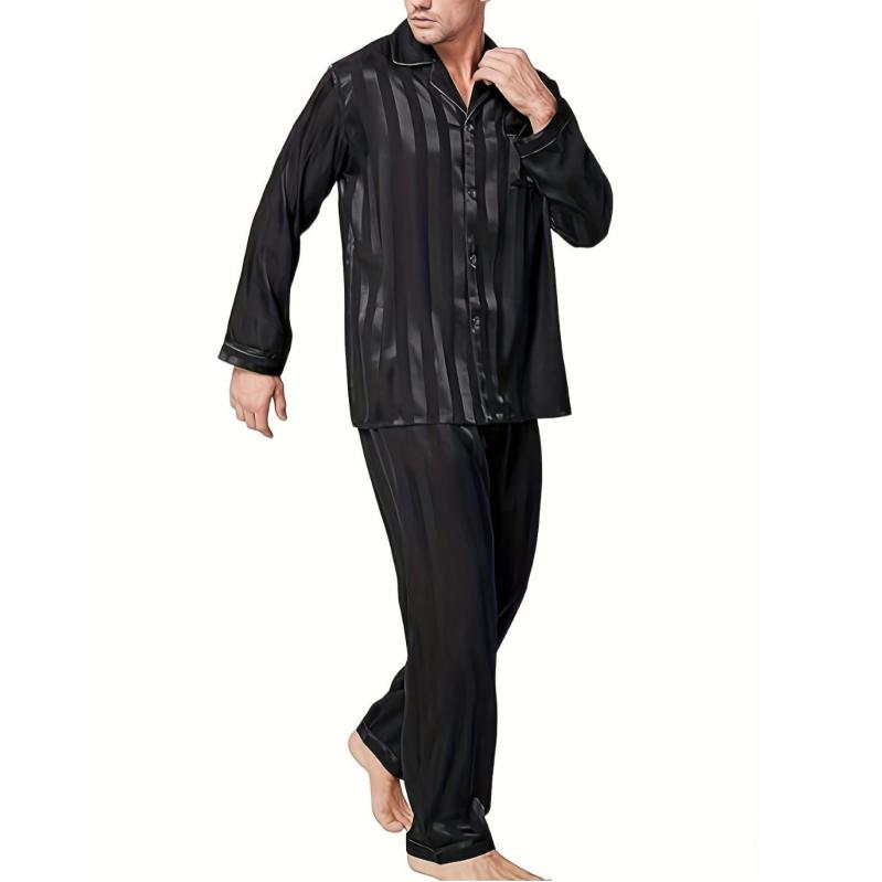 パジャマ 男女兼用 セット サテン生地 ストライプ柄 高級感 ルームウェア 室内着 ホームウェア 通年 快適 軽量 吸湿速乾 再生繊維 綿混