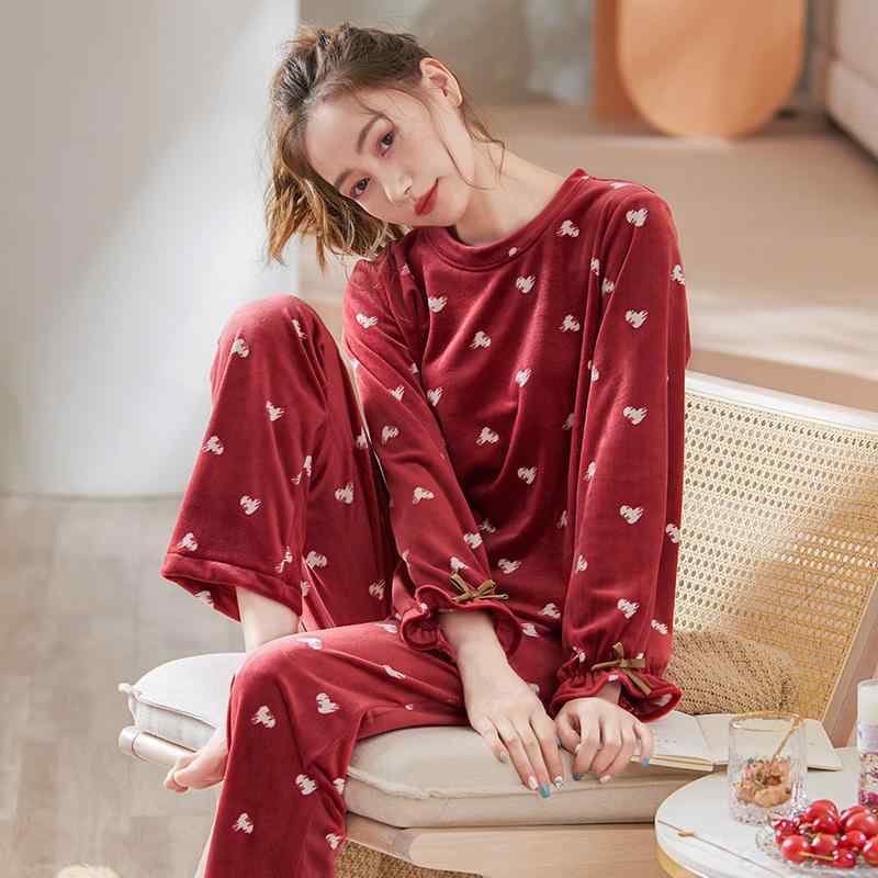 秋冬 レディース 赤 慶事用 外出可能 パジャマ 2ピースセット プルオーバー 丸首 シンプル カジュアル