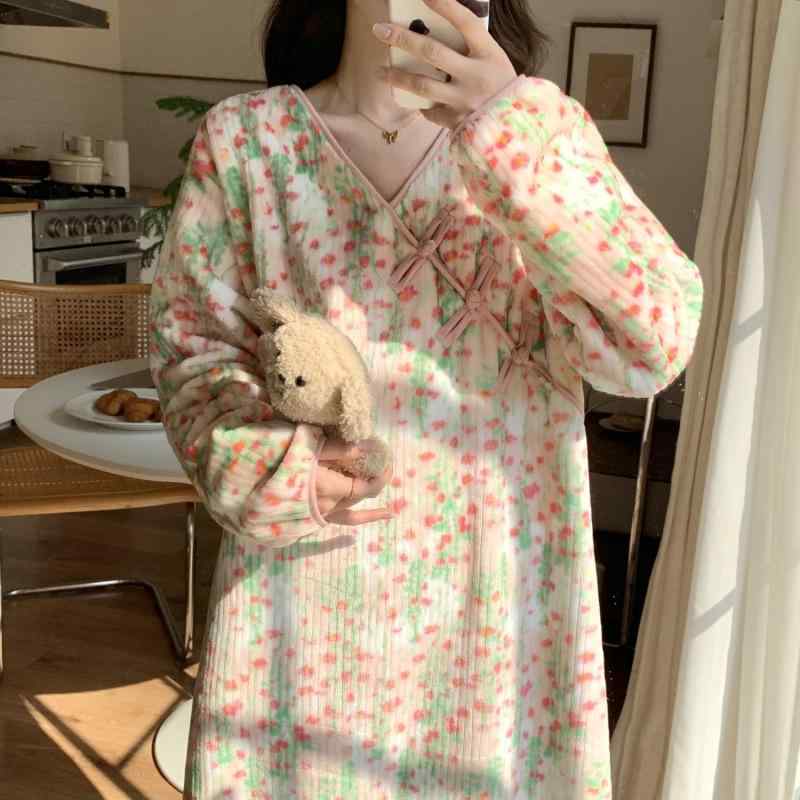 フランネル パジャマ レディース 秋冬 厚手 コーラル 暖か ふわふわ かわいい モダン 中華風 スリープドレス ナイトウェア ルームウェア 寝間着 高級感 ソフト