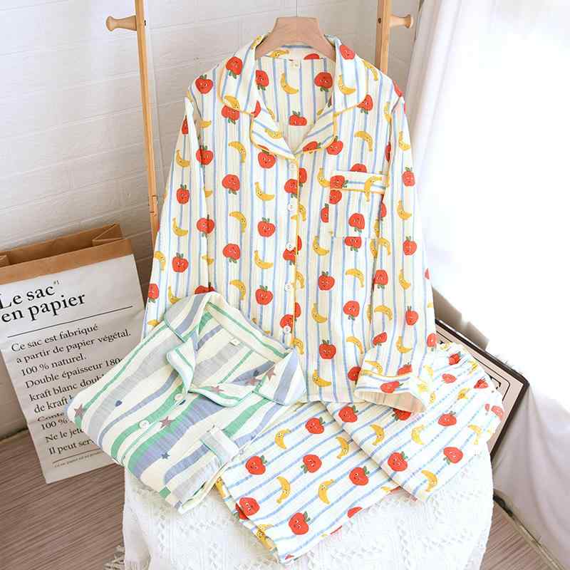 ・素材: コットン100%・スタイル: 開衫・厚み: 薄手・生地重量: 121-140g/平方メートル・襟型: ラペル・袖丈: 長袖・パンツ丈: ロングパンツ・機能: カジュアル、通気、スリープ、バス、ホーム、快適・対象: 青年女性・シーン: ホーム・カラー: ブルーストライプ,バナナアップル・サイズ: M,L,XL・デザイン: シンプルカジュアル