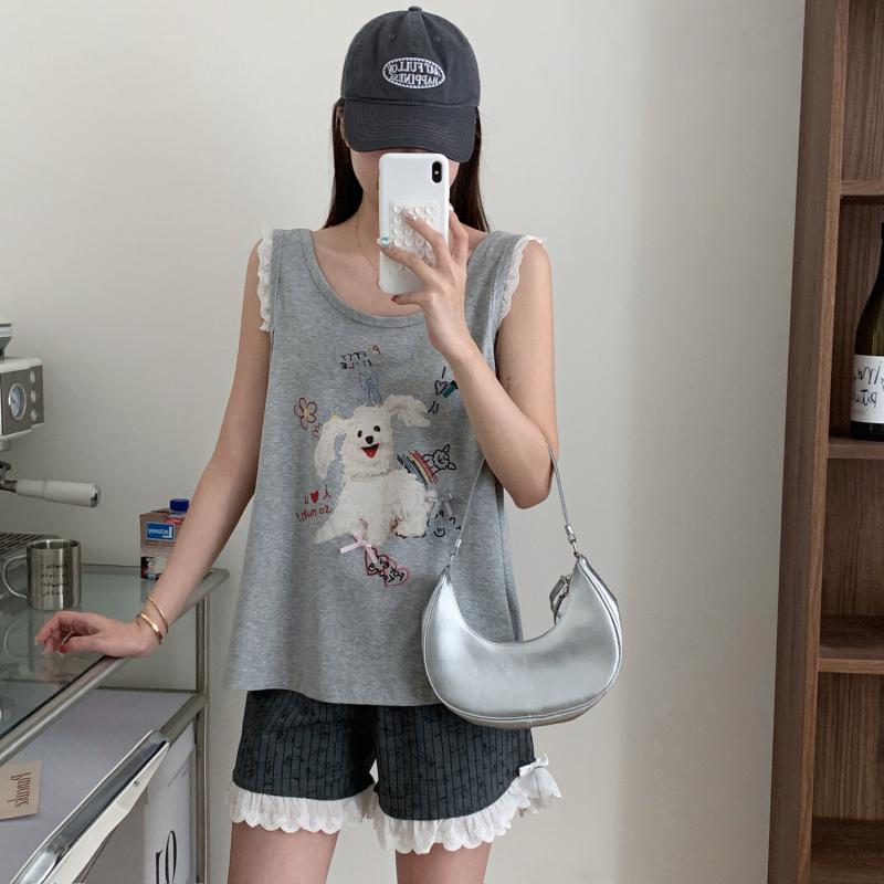 ・素材: コットン・スタイル: セット・厚み: 薄手・生地重量: 適中(141-160g/平方メートル)・襟型: Uネック・袖丈: ノースリーブ・パンツ丈: ショーツ・機能: 通気性,快適,外出可・色: グレー,ベージュ・サイズ: L,XL・コットン含有率: 90-95%・デザイン: カートゥーン