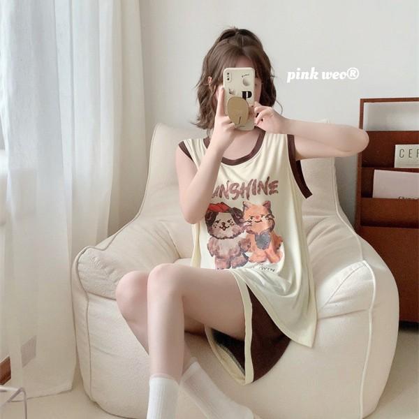 パジャマ レディース 春夏 ノースリーブ 猫犬カートゥーン柄 再生繊維 ベスト ショーツ セット 胸パッド付き ルームウェア 外出可