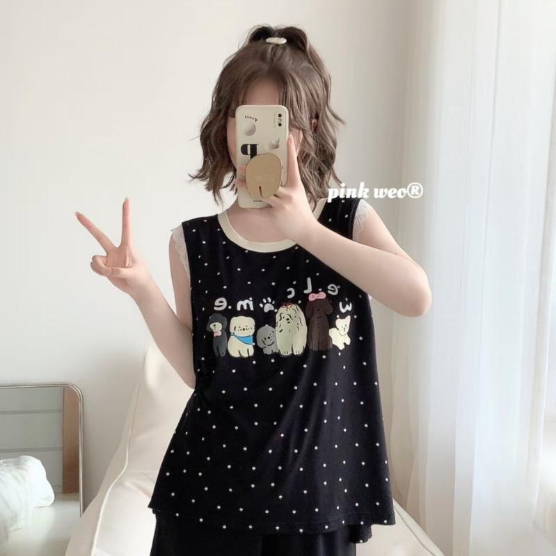 レディース ルームパジャマ セット 無袖 キャミソール ショーツ 薄手 モダール素材 再生繊維 かわいい カートゥーン ポルカドット柄 胸パッド付き 快適 ホームウェア