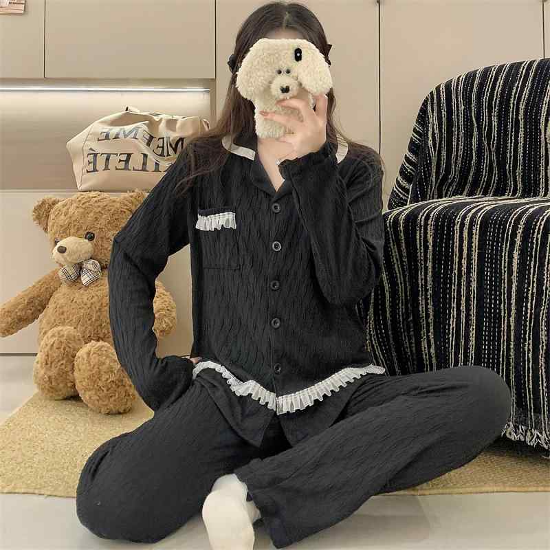 ルームウェア レディース 春秋 韓国風 高級感 長袖 長ズボン 開き セット 提花綿素材 外出可