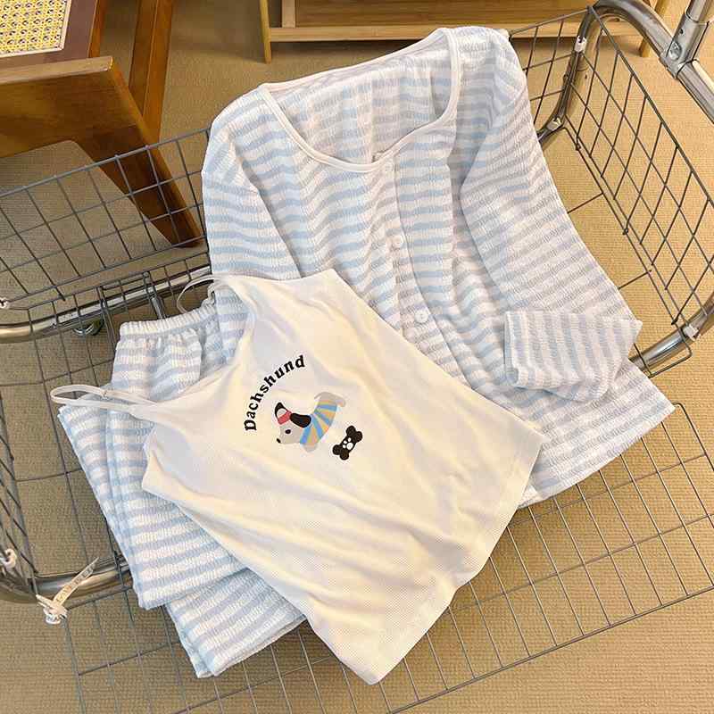 パジャマ レディース かわいい柄 長袖 3ピースセット 吊り帯 インナー 胸パッド付き モダール綿 再生繊維 吸湿速乾 ソフトタッチ 軽量 春秋 ルームウェア 部屋着