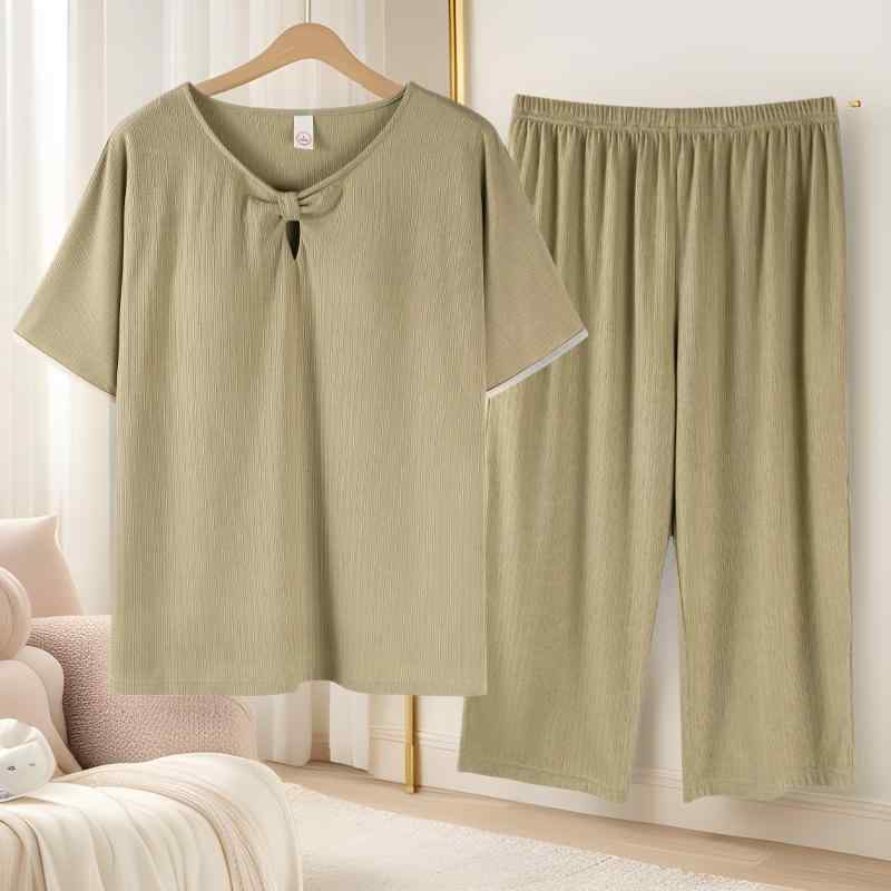 ・素材名: モダール・主素材成分: ビスコース 30-50%・厚み: 薄手・生地厚: 161-180g/平方メートル・スタイル: プルオーバー・襟型: Vネック・袖丈: 3/4袖・パンツ丈: 7分丈・カラー: グリーン,パープル,ブルー・サイズ: M,L,XL,XXL・デザインスタイル: シンプルカジュアル