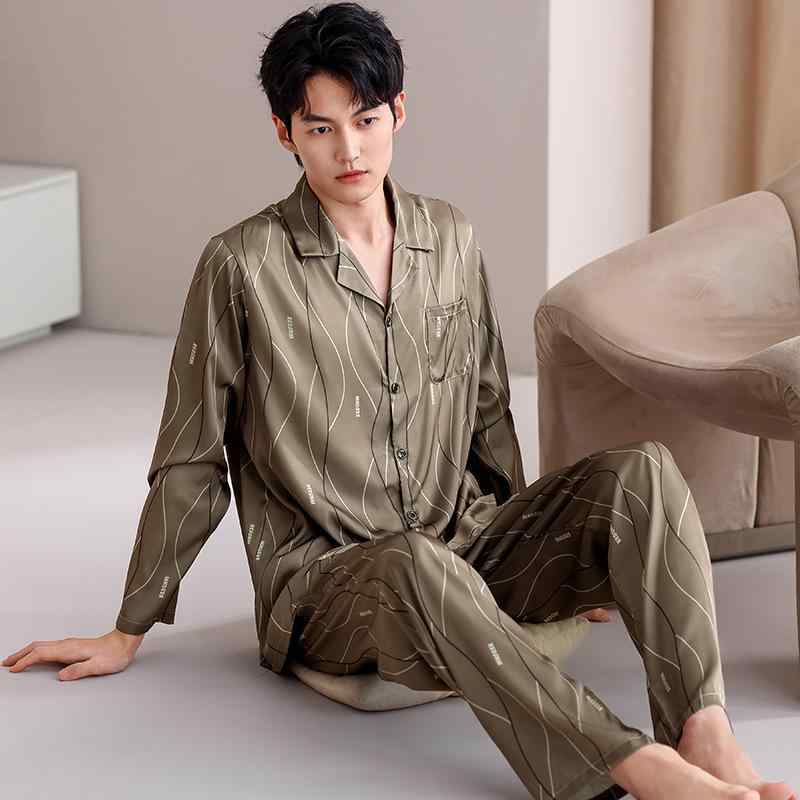 ルームウェア メンズ 接触冷感 薄手 高級感 シルク 開襟 長袖 長ズボン セット 春夏 大きめサイズ