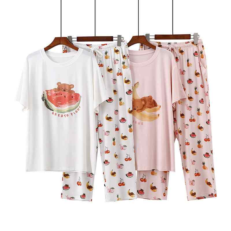 ・主素材: モダール 95%以上・スタイル: セットアップ・厚さ: 薄手・襟型: 丸襟・袖丈: 三分袖・パンツ丈: 七分丈・機能: ホームウェア・カラー: ホワイト、ピンク・デザイン: カートゥーン