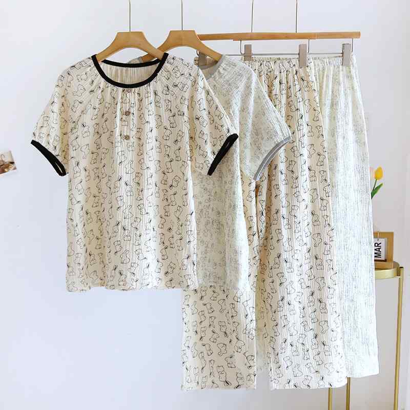 ルームウェア レディース 春夏 純綿 クリープ ラウンドネック プルオーバー 短袖 ロングパンツ セット シンプル カジュアル ルーズ 外出可能