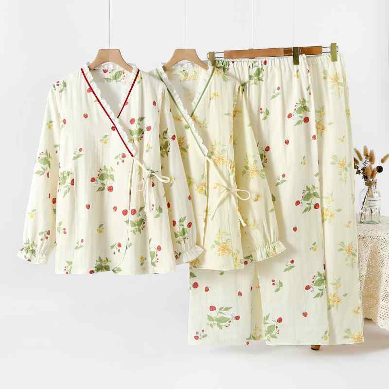 ・素材: コットン100%・スタイル: セット・厚み: 薄手・生地重量: 121-140g/平方メートル・襟型: Vネック・袖丈: 長袖・パンツ丈: ロングパンツ・機能: カジュアル,通気性,睡眠用,入浴後,ホーム,快適,外出可・対象: 青年女性・シーン: アウトドア,ホーム・色: ピンク,イエロー・サイズ: M,L,XL,XXL・デザイン: 田園スタイル