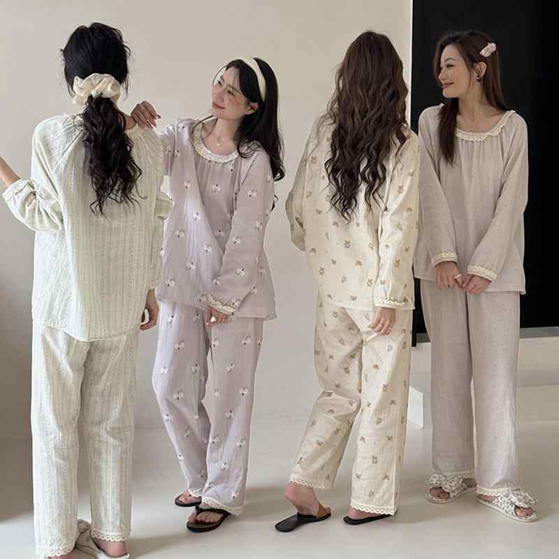 春夏 レディース 純綿100% レース 花柄プリント ゆったり ワイド 快適 リラックス パジャマ 寝間着 セット カジュアル ルームウェア 部屋着 ホームファッション