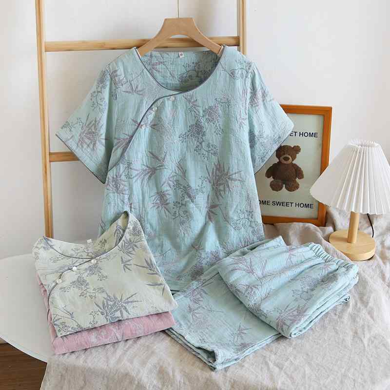 ・素材: コットン100%・厚み: 薄手 (121-140g/平方メートル)・襟型: ラウンドネック・袖丈: 短袖,長袖・パンツ丈: ロングパンツ・機能: カジュアル,通気性,睡眠用,入浴用,在宅,涼快,快適・対象: 中年女性・使用シーン: 在宅,ホテル浴場,結婚式スタジオ・色: ピンク,イエロー,ライトブルー・サイズ: M,L,XL・スタイル: 古風