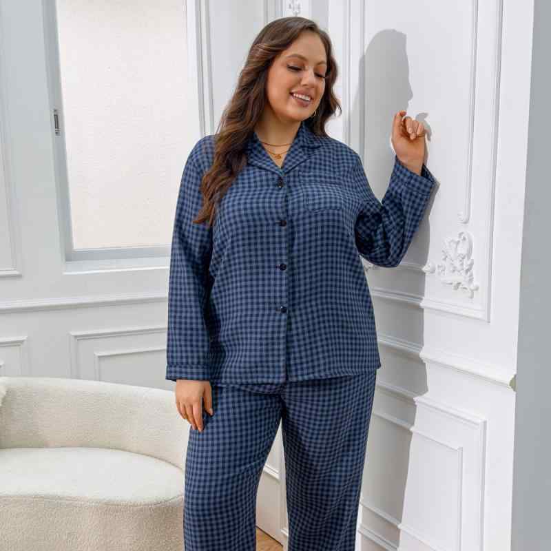パジャマ レディース 大きめサイズ 寝間着セット チェック柄 長袖長ズボン ネイビー 綿素材 快適