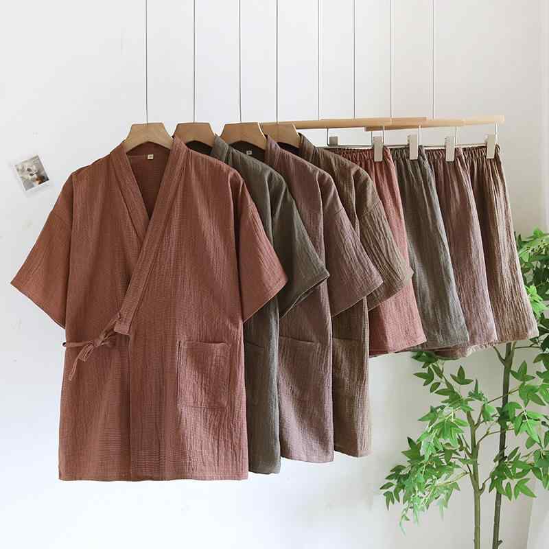 パジャマ メンズ 春夏薄手軽量 綿ガーゼ素材 涼しい 通気性抜群 日本風和服デザイン 短袖短パンセット ゆったり大サイズ 部屋着 ホームファッション 快適睡眠