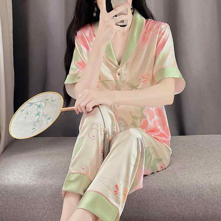 ルームウェア レディース 春夏 かわいい 小花柄 接触冷感 短袖 長ズボン 開襟 パジャマ セット 中華風 高級感 小襟 部屋着