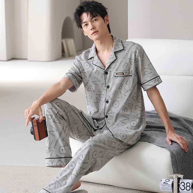 パジャマ メンズ 春夏 綿 短袖長パンツ V領 爽快 大きめサイズ 高級感 部屋着 セット