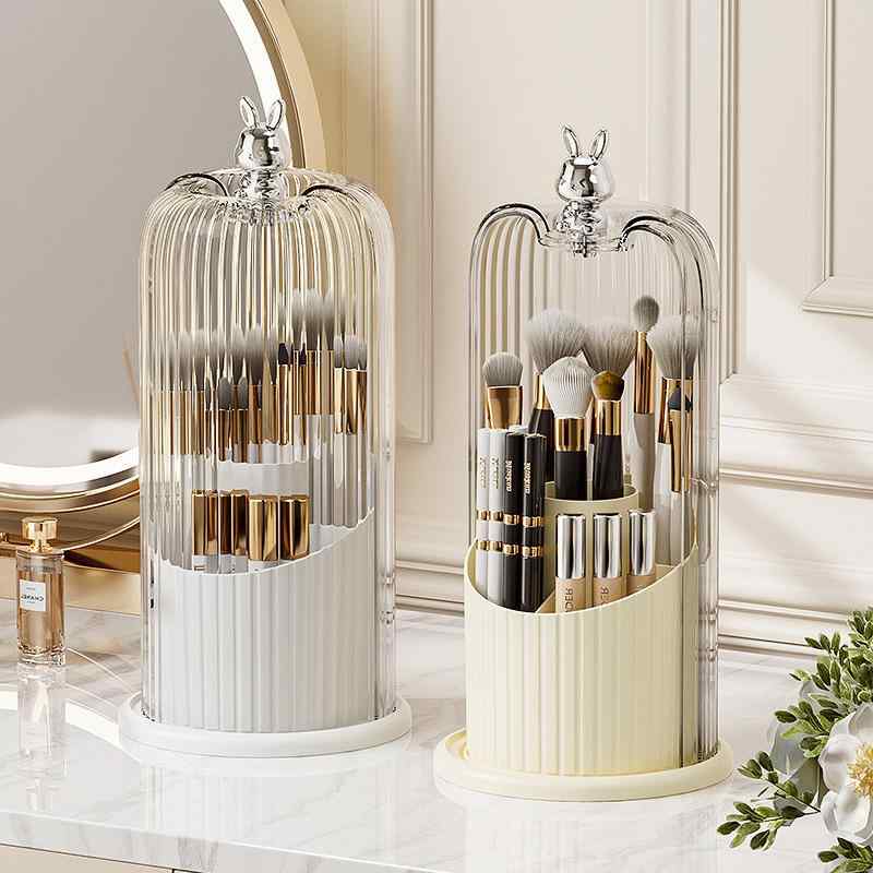 化粧品収納ボックス レディース 回転式 透明 防塵 メイクブラシスタンド 口紅整理トレイ 卓上置物 インテリア
