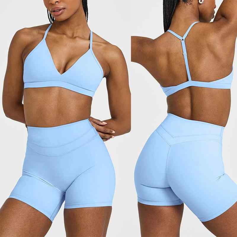 Wear - ヨガウェア レディース 高腰 ヒップアップ タイト ストラップ 美背 ヌード感 フィットネス セット