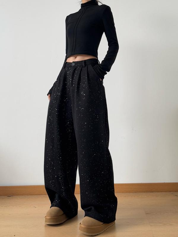 レディース パンツ 高級感 銀輝く キラキラ 秋冬 起毛 厚手 ワイドレッグ ストレート ロングパンツ ファッション カジュアル スタイリッシュ