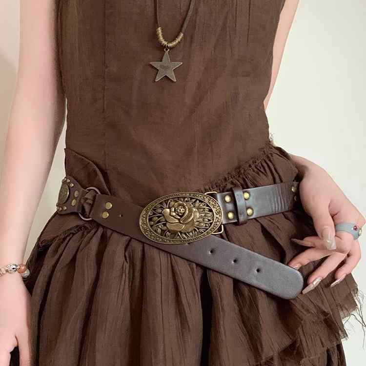 ベルト レディース ボヘミアン風 アメリカンスタイル ブラウン Y2K レトロ デザイン スカート用 装飾 ..